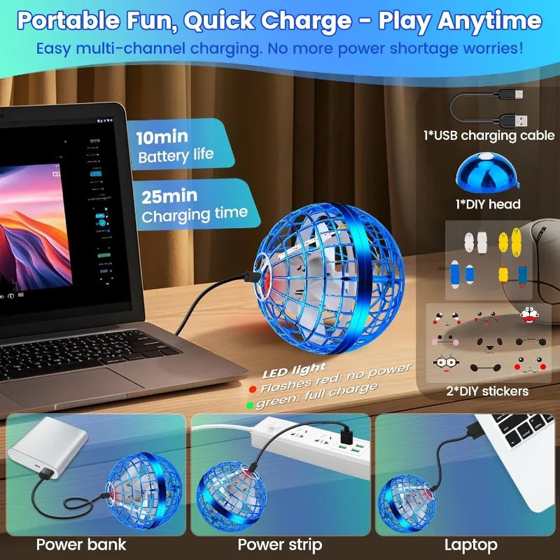 Flying Orb Ball Toy, Hand Controlled Hover Ball with LED Lights, 360° Rotating Boomerang Globe
