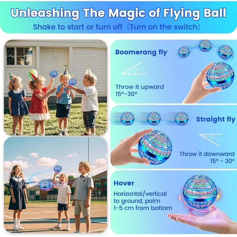 Flying Orb Ball Toy, Hand Controlled Hover Ball with LED Lights, 360° Rotating Boomerang Globe
