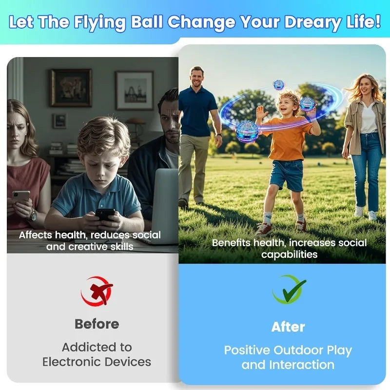 Flying Orb Ball Toy, Hand Controlled Hover Ball with LED Lights, 360° Rotating Boomerang Globe